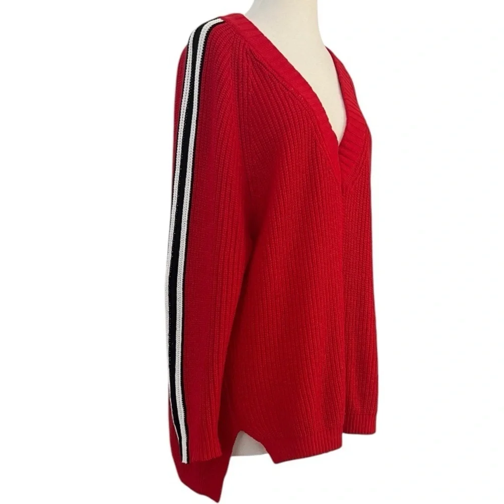 Express Oversized Red V Neck Long Sleeve Pullover Sweater Arm Stripes Size SP - Picture 1 of 7